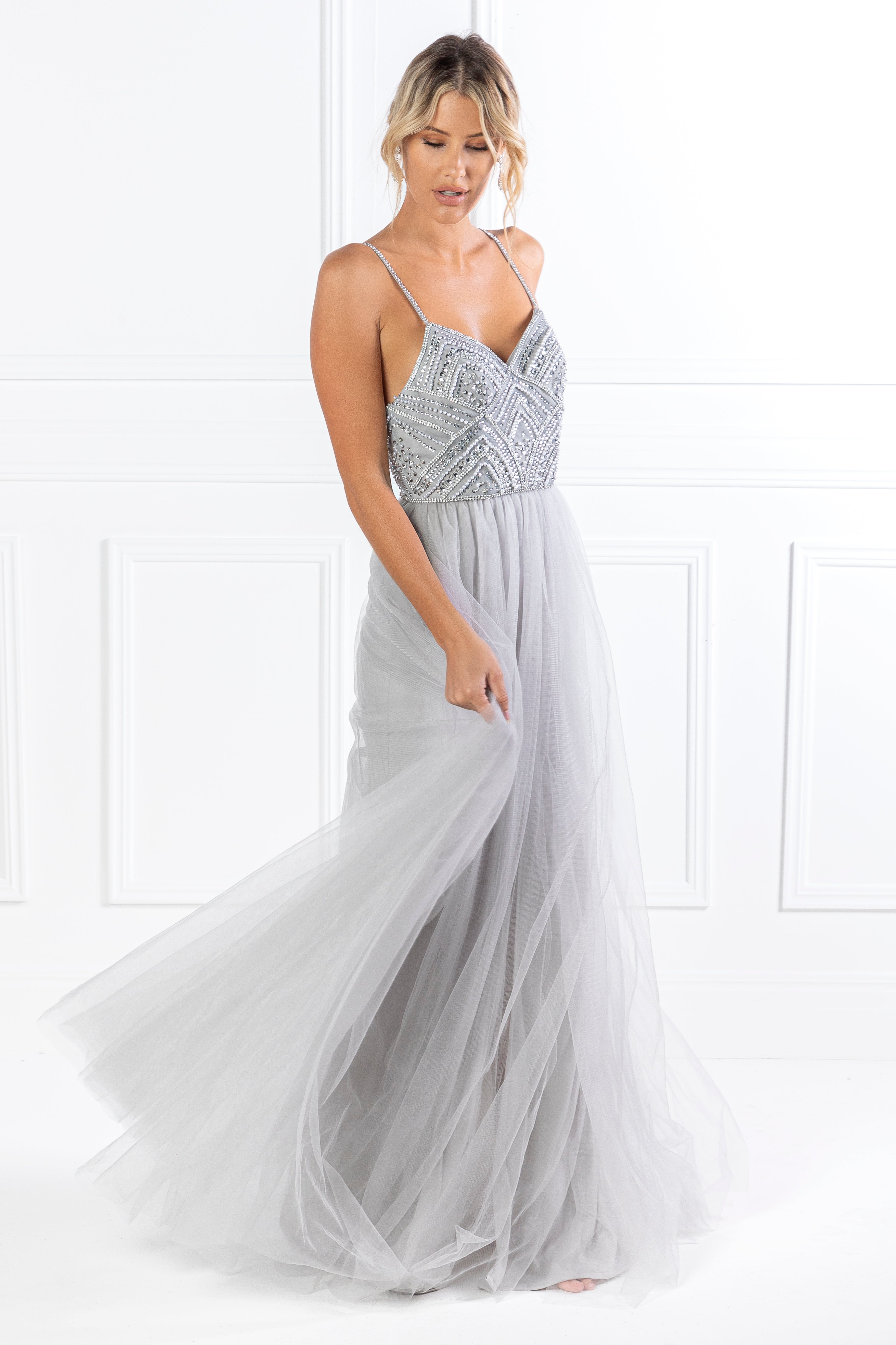 Honey Couture AINSLEY Grey Silver Crystal Beaded Tulle Gown, elegant evening wear by Australian Designer. Perfect for prom or formal occasions.