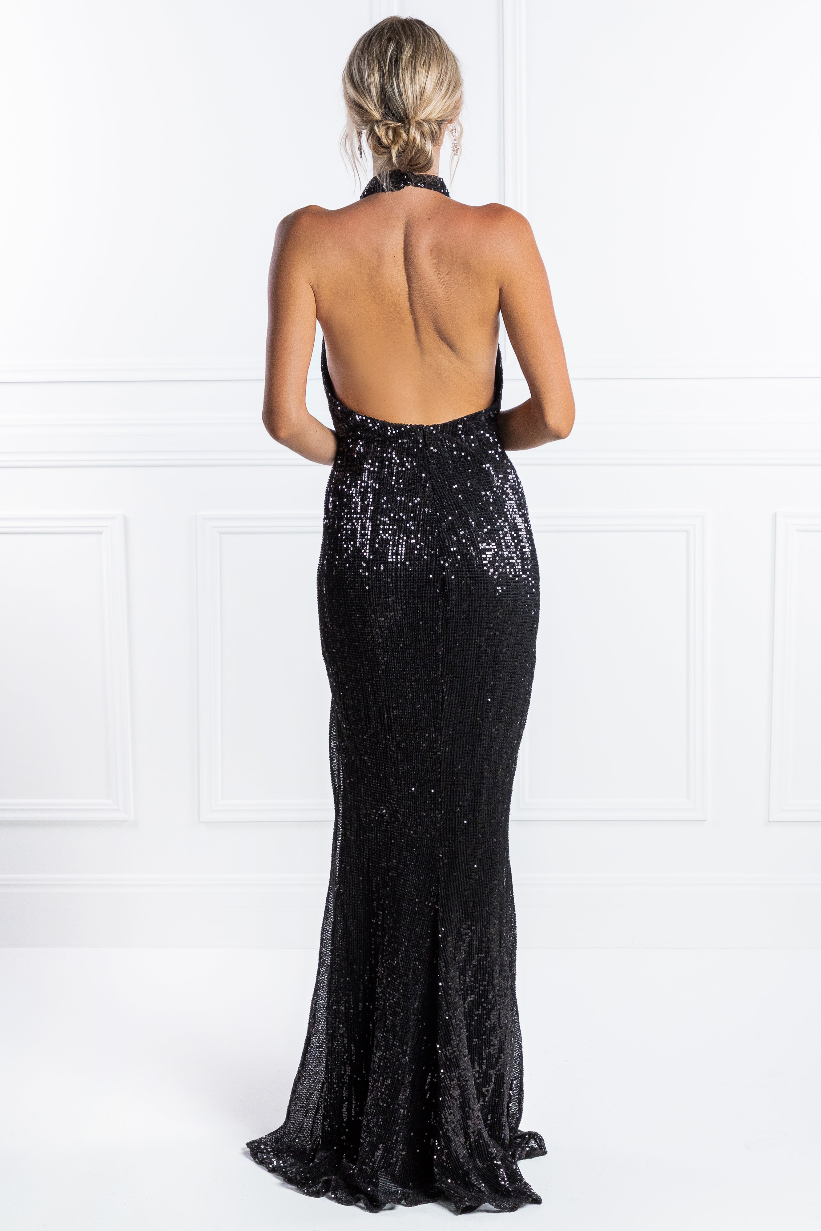 Honey Couture OAKLEY Black Sequin Halter Formal Gown Dress Honey Couture$ AfterPay Humm ZipPay LayBuy Sezzle