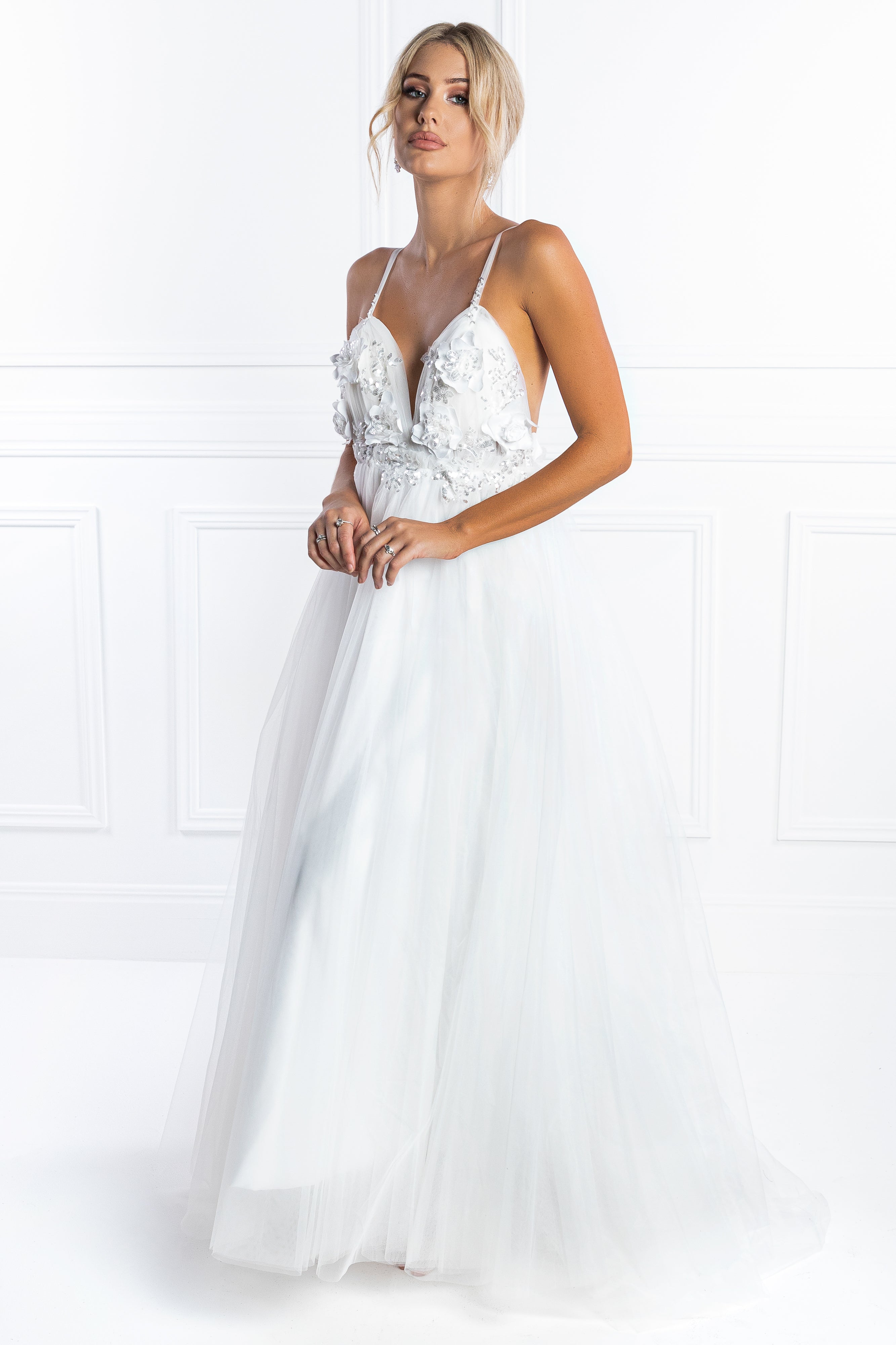 Alt Tag: Woman wearing Honey Couture PEYTON 3D White Flowers Formal Gown, Australian Designer, perfect for prom, evening events, affordable luxury.