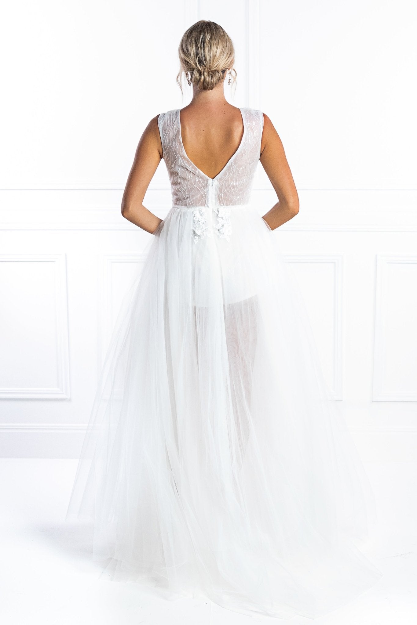 Honey Couture SERENITY White Tulle Sequin Bodysuit Formal Dress in Australia | One Honey Boutique