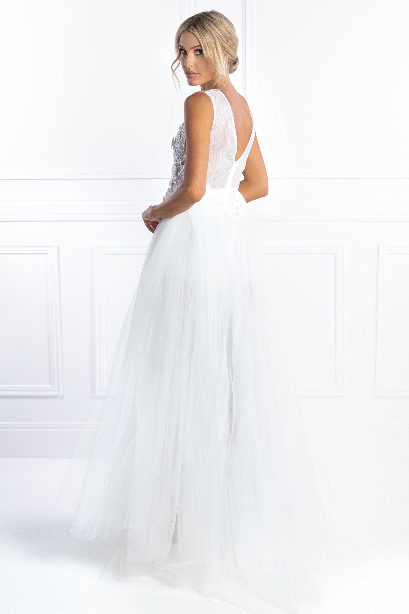 Honey Couture SERENITY White Tulle Sequin Bodysuit Formal Dress in Australia | One Honey Boutique