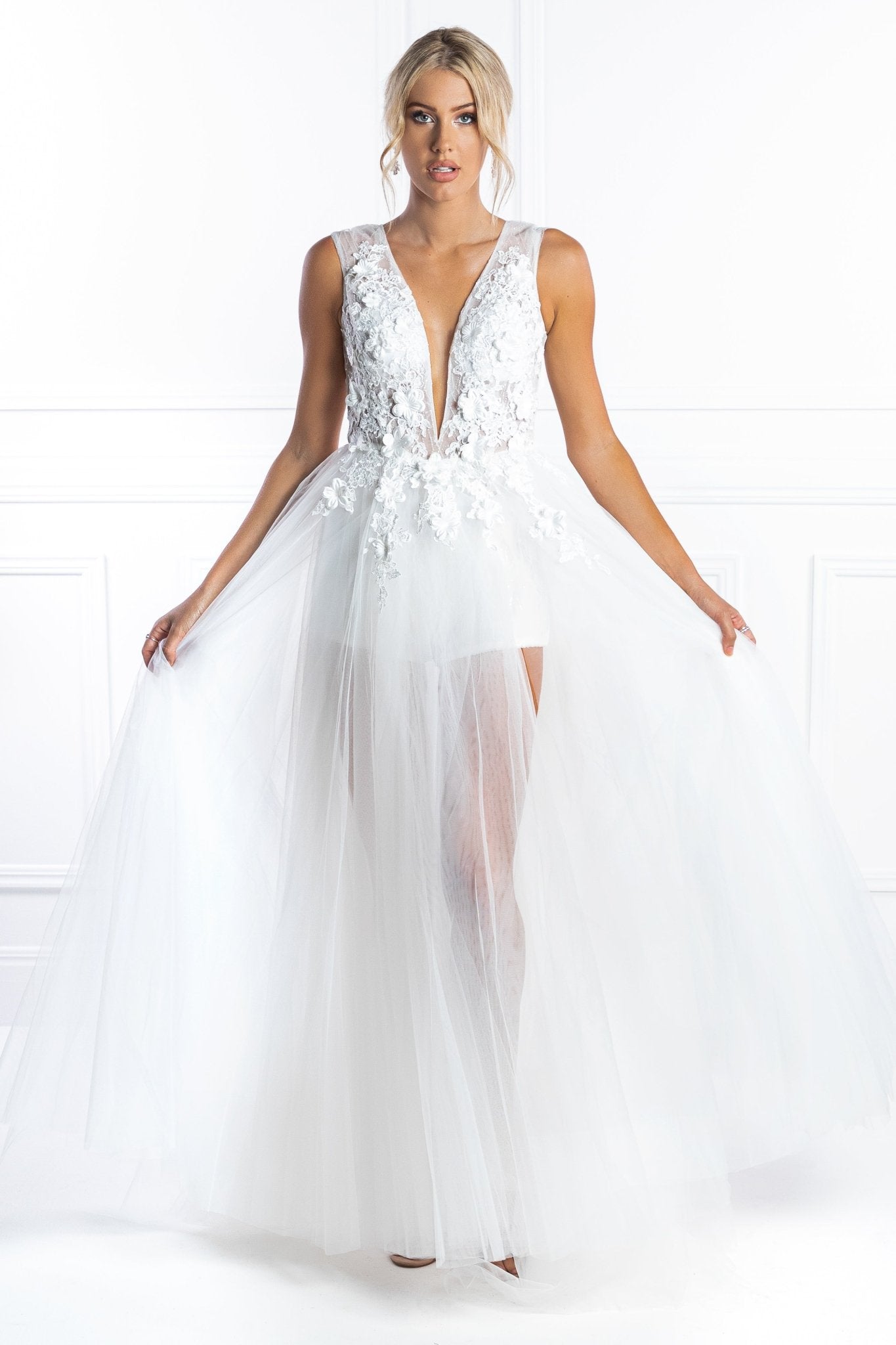Honey Couture SERENITY White Tulle Sequin Bodysuit Formal Dress in Australia | One Honey Boutique
