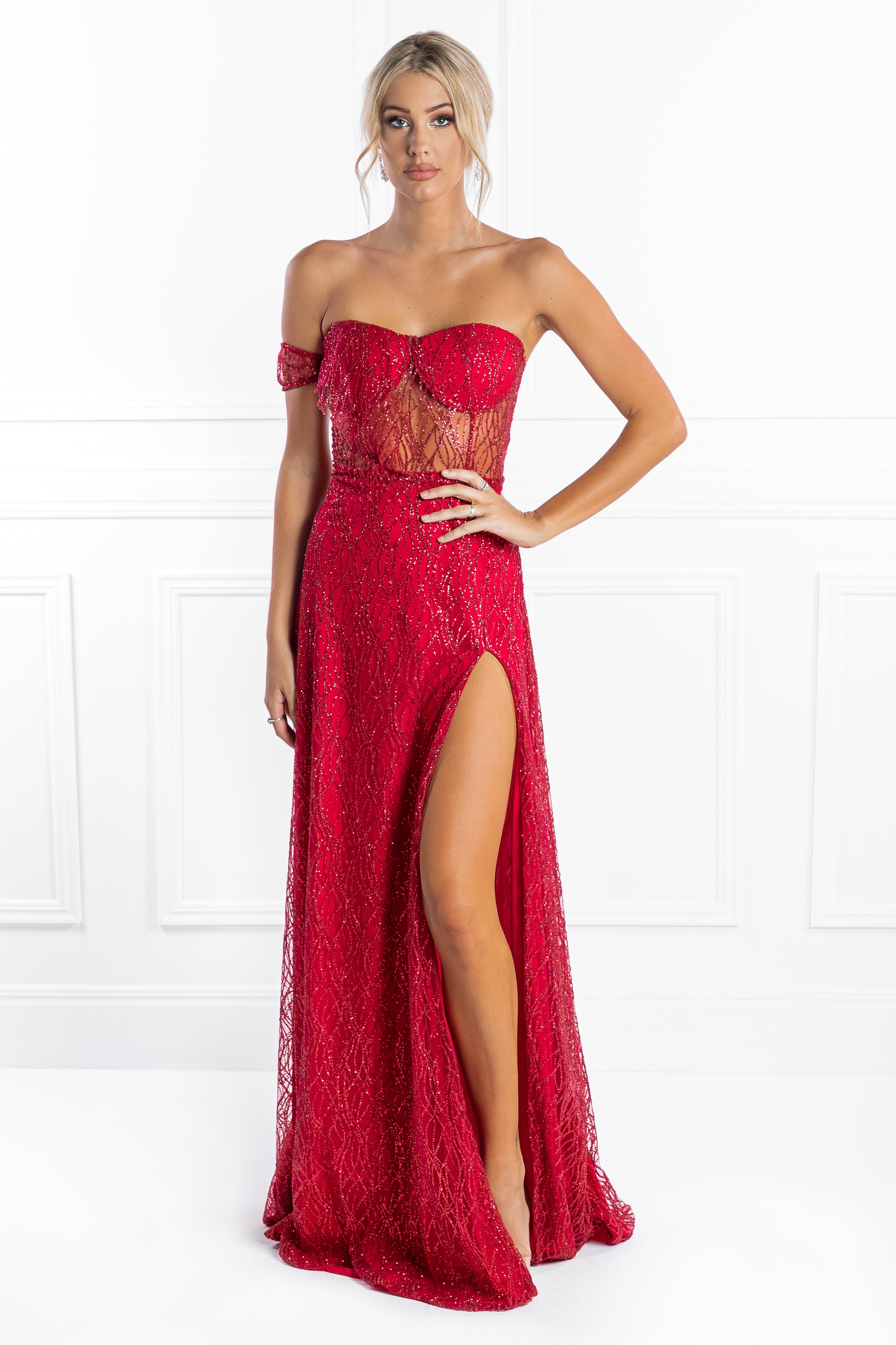 Honey Couture MARA Red Glitter One Sleeve Evening Gown Dress Honey Couture$ AfterPay Humm ZipPay LayBuy Sezzle