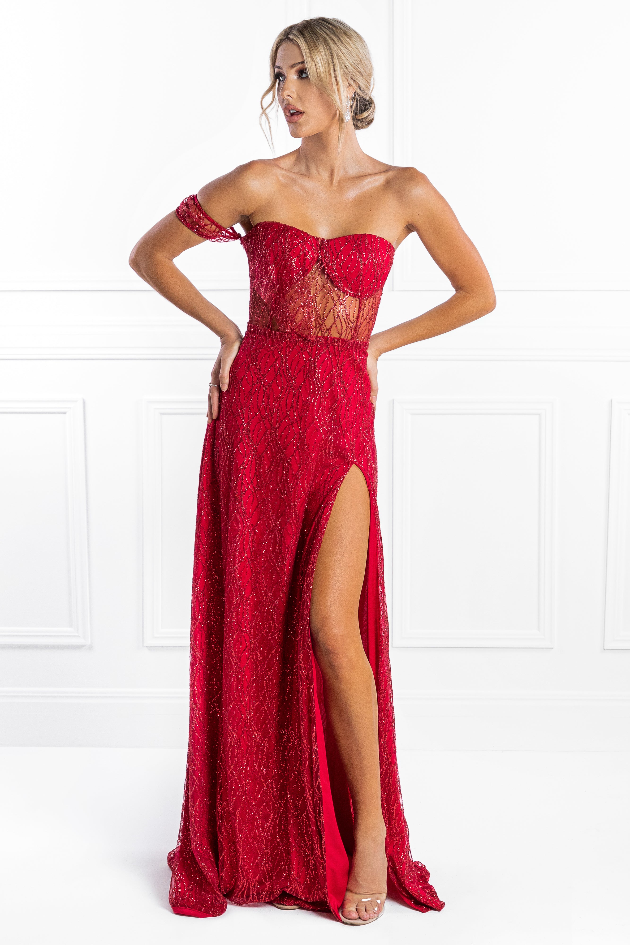 Honey Couture MARA Red Glitter One Sleeve Evening Gown Dress Honey Couture$ AfterPay Humm ZipPay LayBuy Sezzle