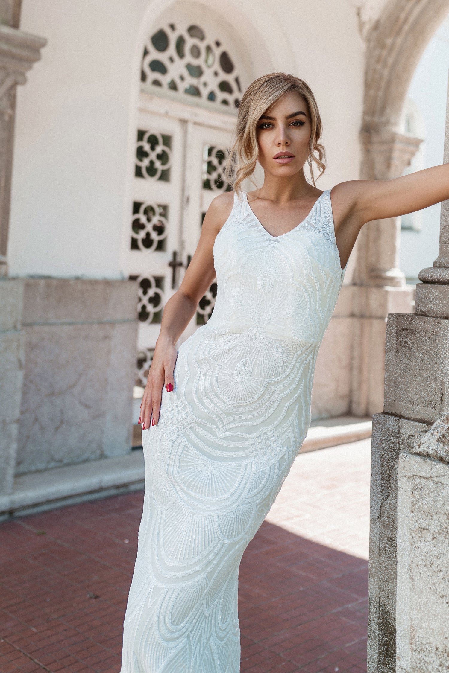 TINA HOLLY COUTURE P1732 Off White Sequin Mermaid Formal Gown with V Neck, Brisbane to Gold Coast, Australia.