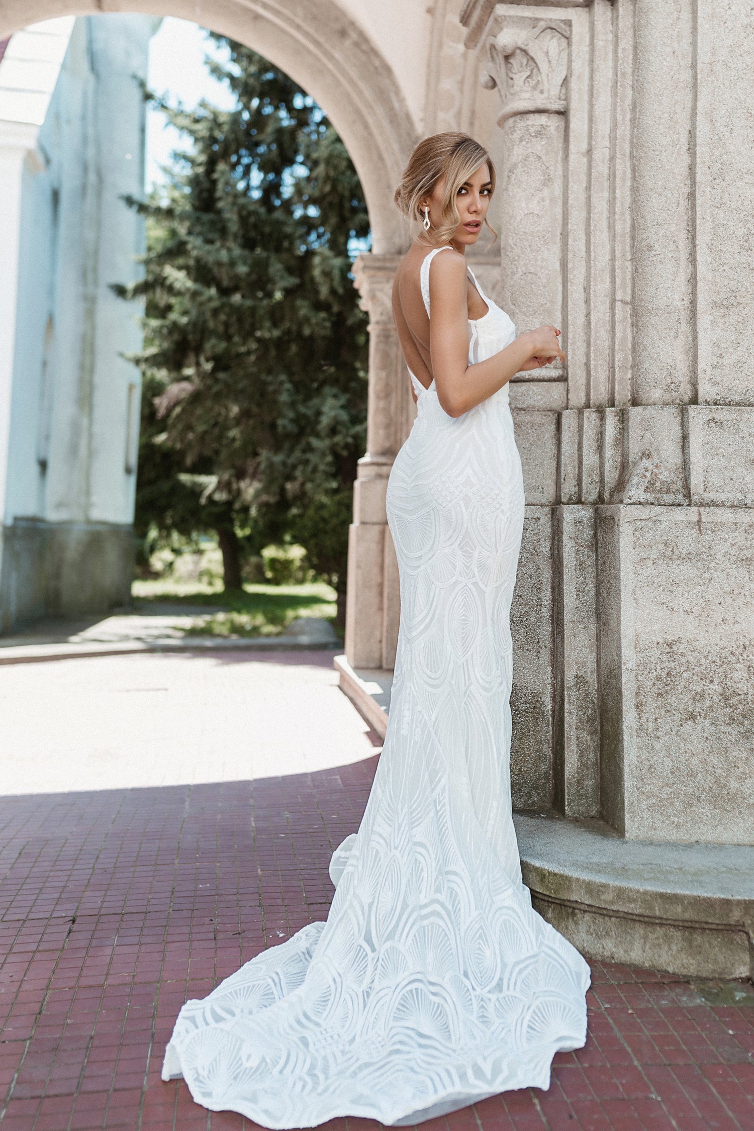 TINA HOLLY COUTURE P1732 white sequin mermaid gown with V front, elegant fishtail style. Formal dress, Brisbane to Gold Coast, Australia.