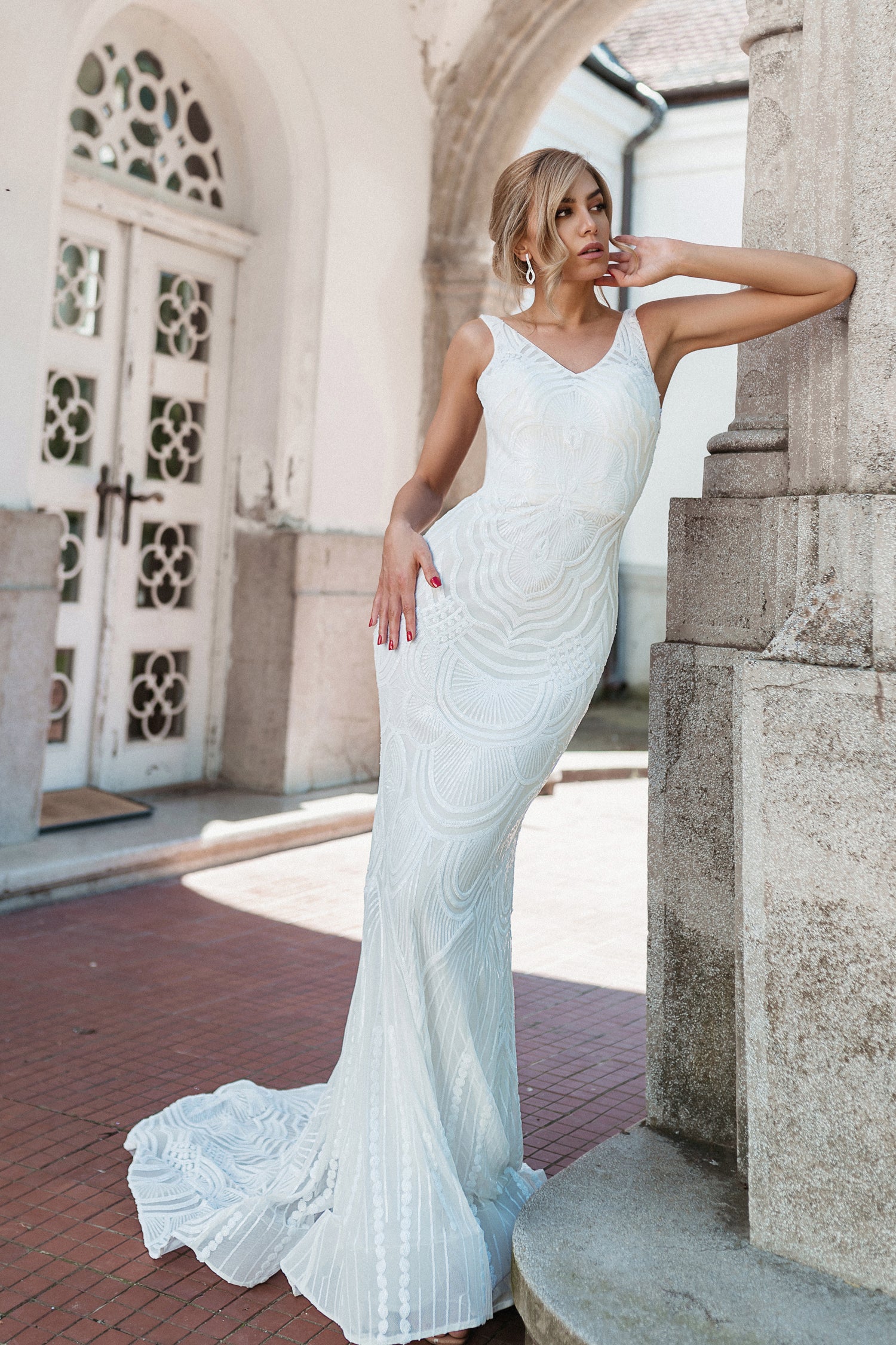 TINA HOLLY COUTURE P1732 Off White Sequin Mermaid Gown with V Neck, Elegant Formal Dress Brisbane to Gold Coast