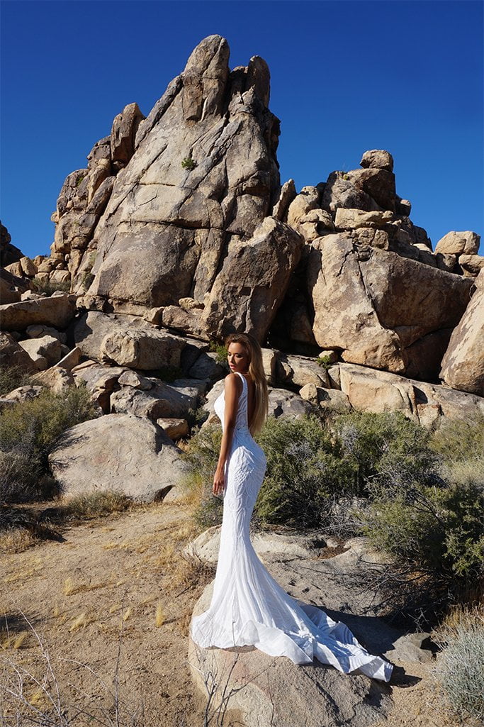 TINA HOLLY COUTURE P1732 Off White Sequin Mermaid Formal Gown with V Front in rocky landscape, Australia