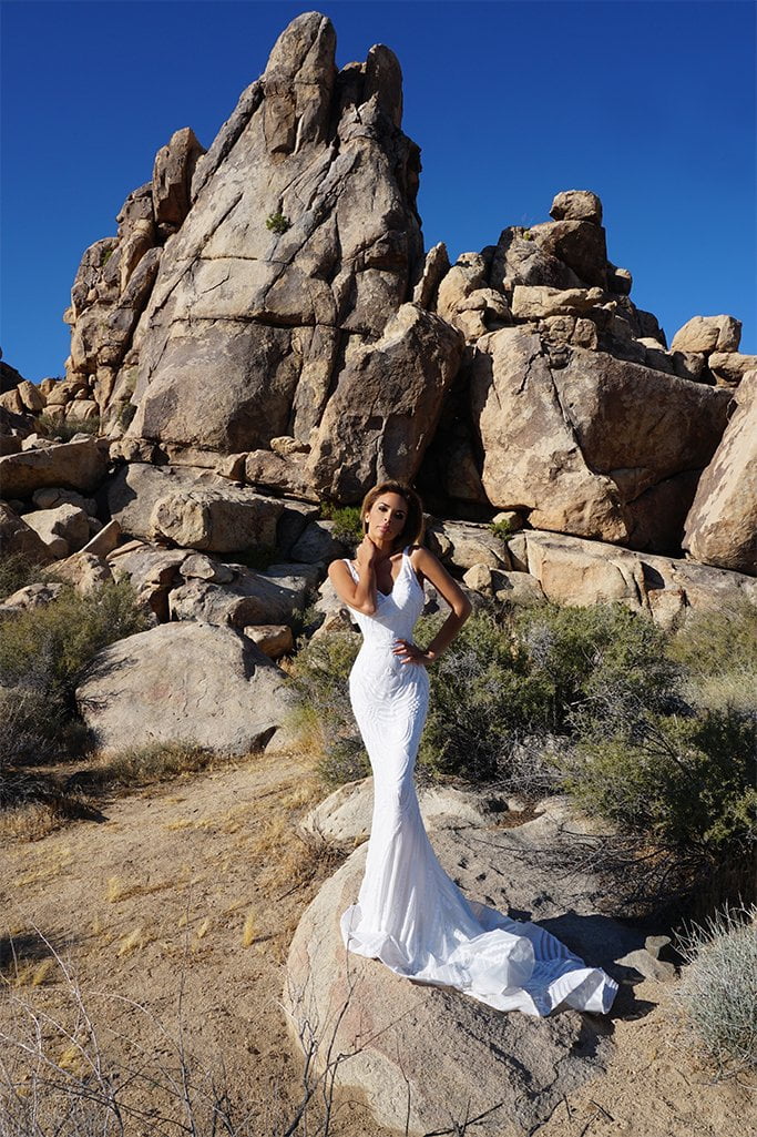 TINA HOLLY COUTURE P1732 sequin mermaid gown with V front, off white in desert setting, Brisbane to Gold Coast