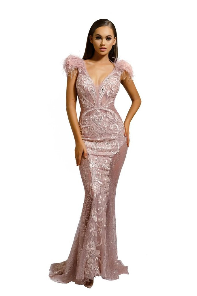 PORTIA & SCARLETT FUFU GOWN Rose gold formal gown with ostrich feather shoulders and glitter mesh panels, evening wear, Brisbane to Gold Coast.