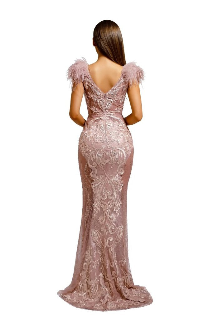 PORTIA & SCARLETT FUFU GOWN with ostrich feather shoulders and illusion mesh panel, formal gown from Brisbane to Gold Coast, Australia.