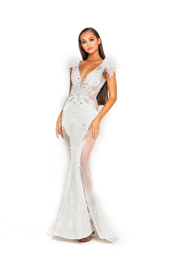 PORTIA & SCARLETT FUFU GOWN features beaded illusion glitter mesh and ostrich feather shoulder, formal evening gown, Brisbane to Gold Coast.