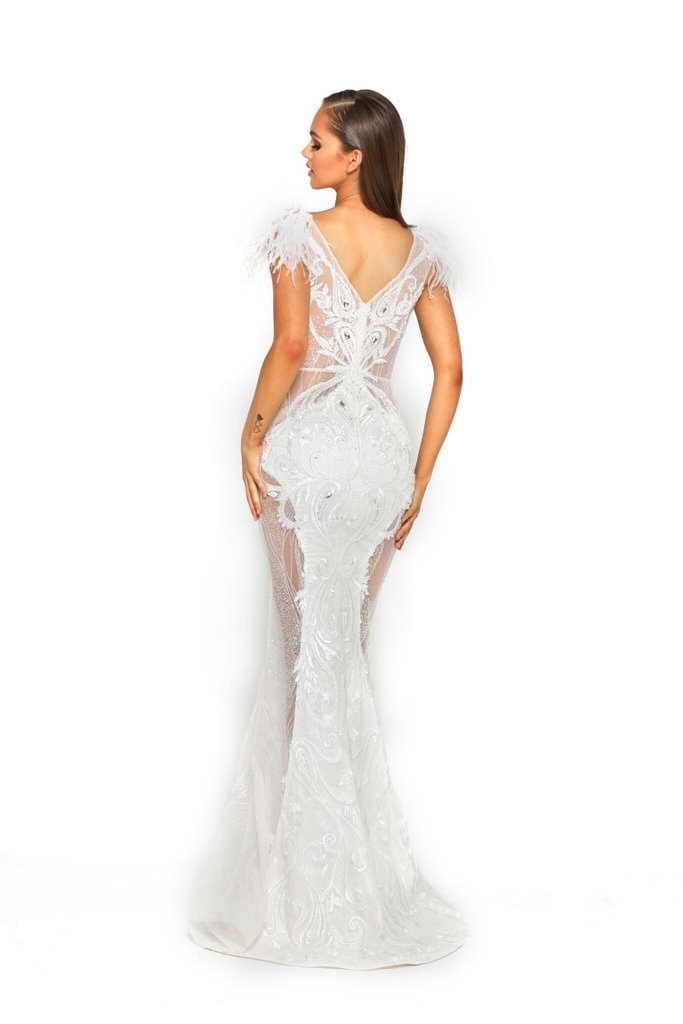 PORTIA & SCARLETT FUFU GOWN with feather accents and beaded mesh, elegant formal dress for special occasions. Brisbane to Gold Coast.