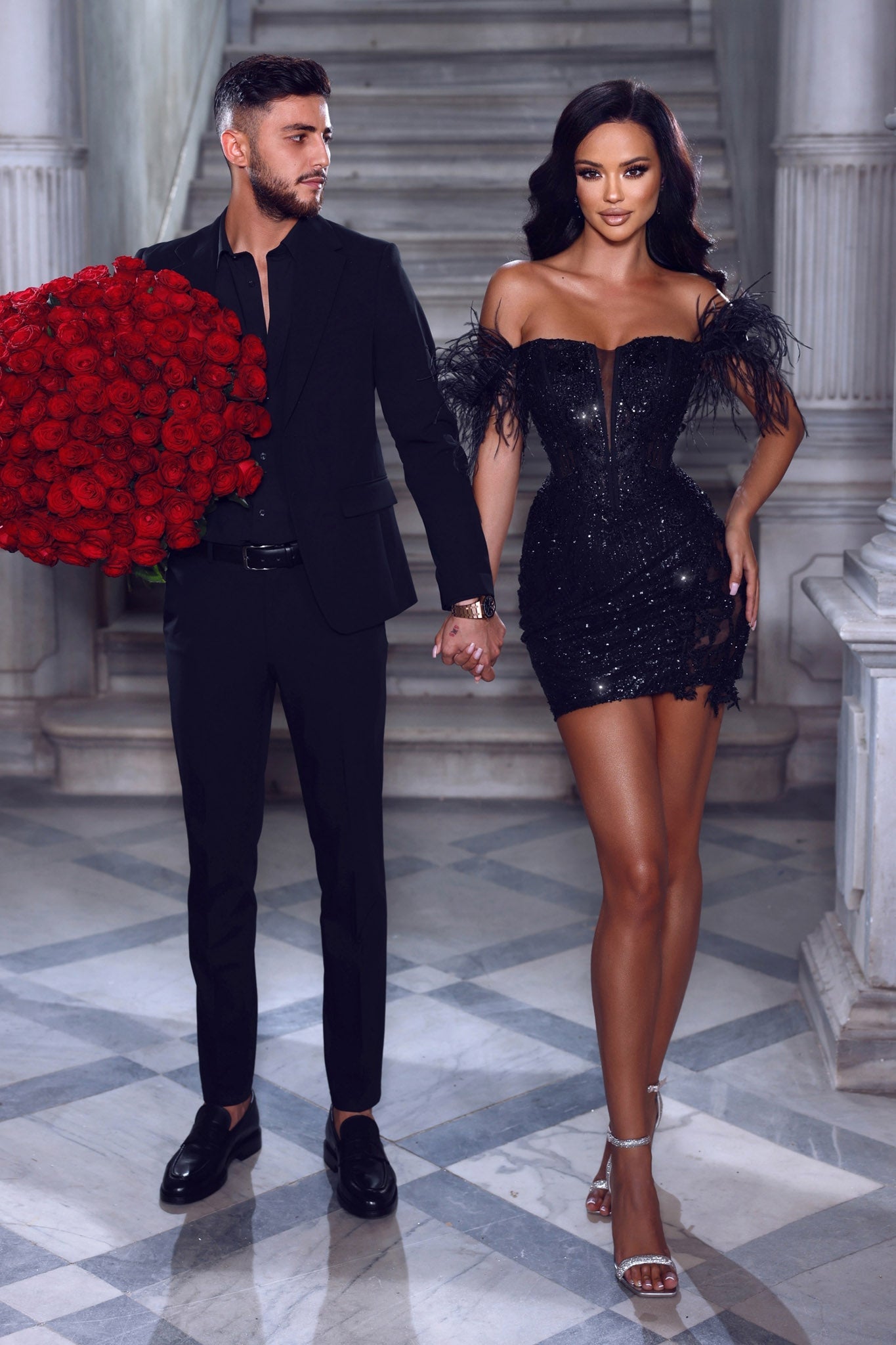 PS23147 black glitter off-shoulder feather bodycon mini dress, perfect for formal occasions, held with roses, Brisbane to Gold Coast.
