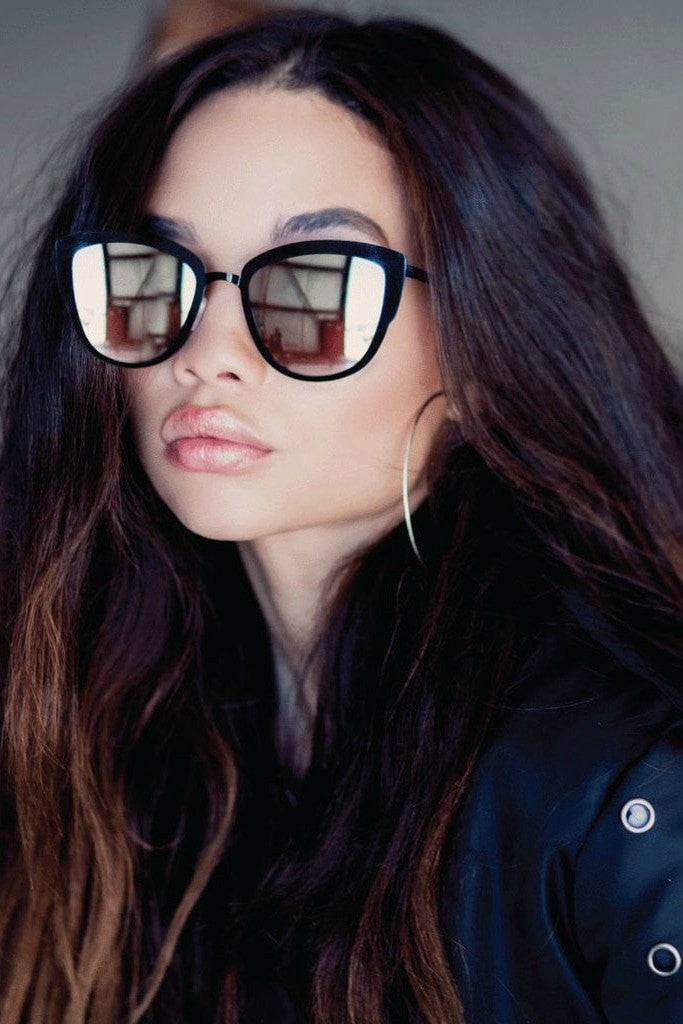 QUAY Australia SUPER GIRL sunglasses with reflective lenses, bold oversized frame and metal details. Fashionable eyewear, Brisbane to Gold Coast.