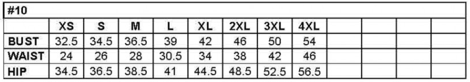 Size chart showing bust, waist, and hip measurements for XS to 4XL.