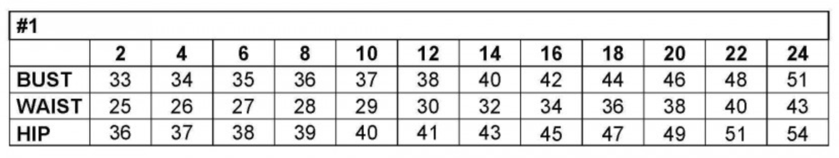 Size chart for women's dresses showing bust, waist, and hip measurements from sizes 2 to 24.