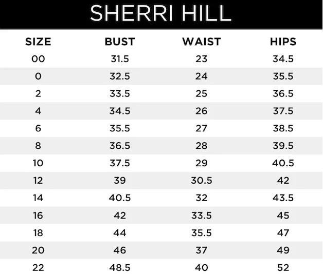 Sherri Hill dress size chart - sizes 00 to 22 with measurements for bust, waist, and hips.