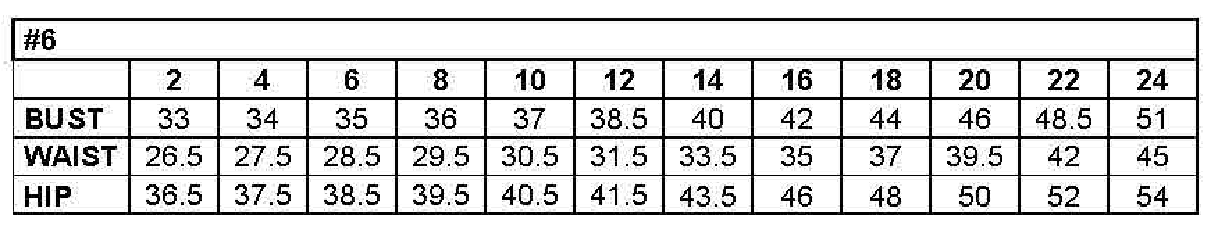 Dress size chart showing measurements for bust, waist, and hip from sizes 2 to 24.