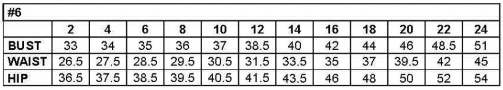 Clothing size chart showing bust, waist, and hip measurements for sizes 2 to 24.