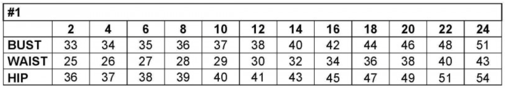 Women's clothing size chart showing measurements in inches for bust, waist, and hip from size 2 to size 24.