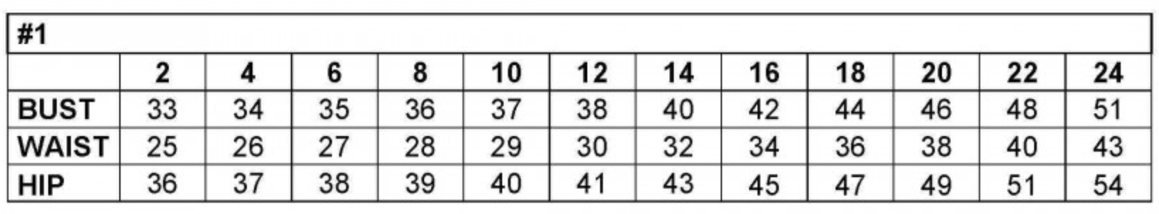 Size chart showing bust, waist, and hip measurements for women's dress sizes 2 to 24.
