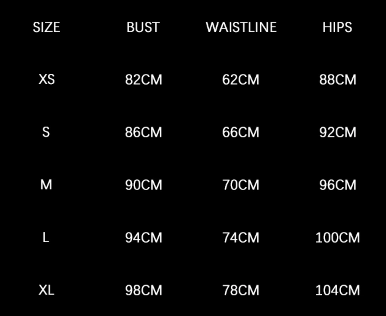 Size chart for dresses showing bust, waistline, and hips measurements for sizes XS to XL in cm.
