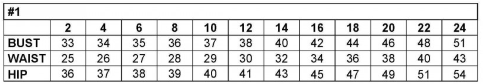 Women's dress size chart displaying bust, waist, and hip measurements ranging from sizes 2 to 24.