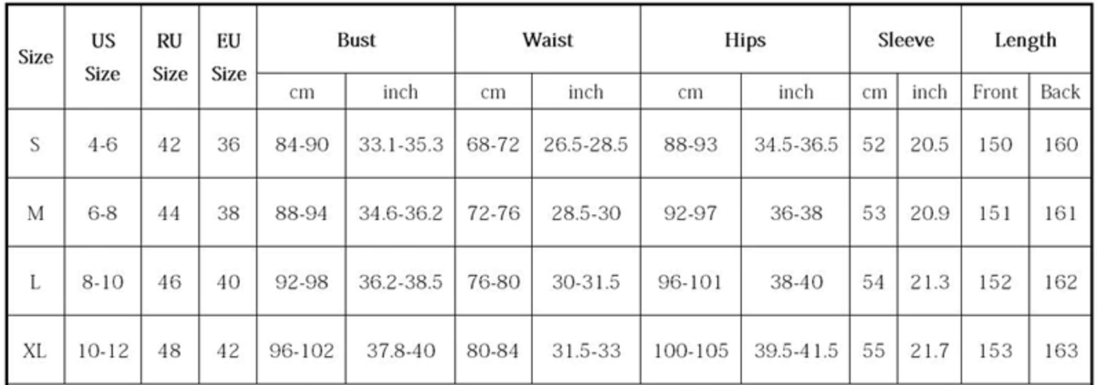 Size chart for women's clothing showing US, RU, EU sizes with measurements for bust, waist, hips, sleeve, and length in cm and inches.