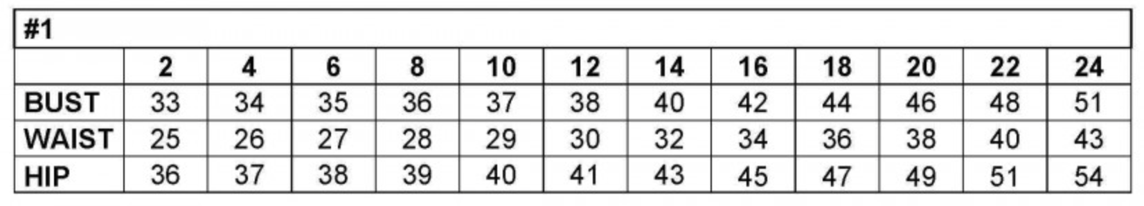 Size chart table with measurements for bust, waist, and hip for sizes 2 to 24.