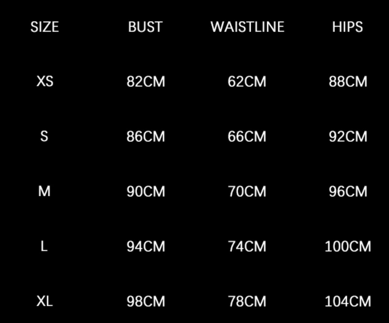 Size guide for women's clothing showing measurements for bust, waistline, and hips in centimeters for sizes XS to XL.