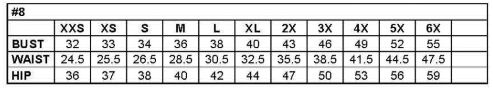 Dress size chart showing bust, waist, and hip measurements for sizes XXS to 6X.