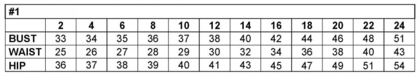 Dress size chart showing measurements for bust, waist, and hip sizes ranging from size 2 to 24.