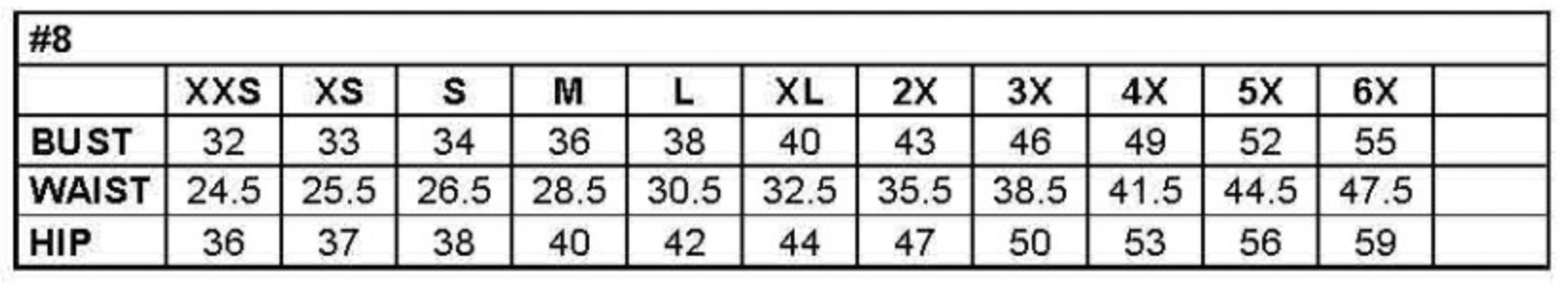Size chart showing bust, waist, and hip measurements for sizes XXS to 6X.