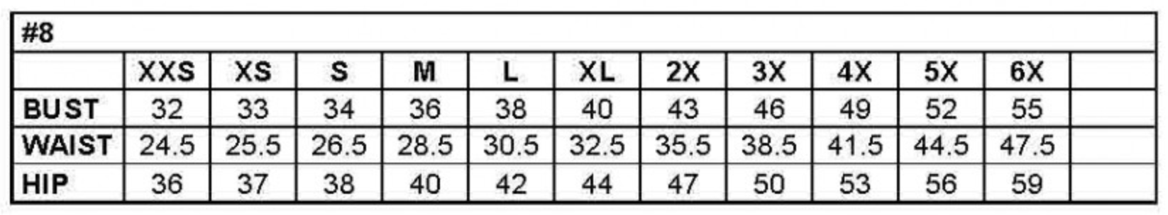 Size chart table displaying measurements for XXS to 6X, including bust, waist, and hip dimensions.