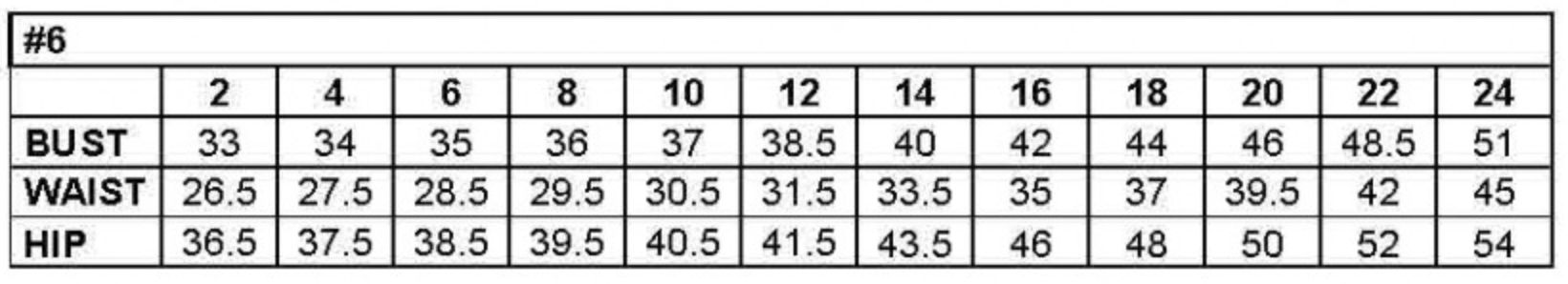 Size chart showing bust, waist, and hip measurements for dress sizes 2 to 24.