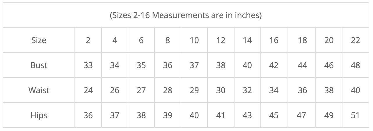 Women's gown size chart with measurements for sizes 2-22, including bust, waist, and hips in inches.