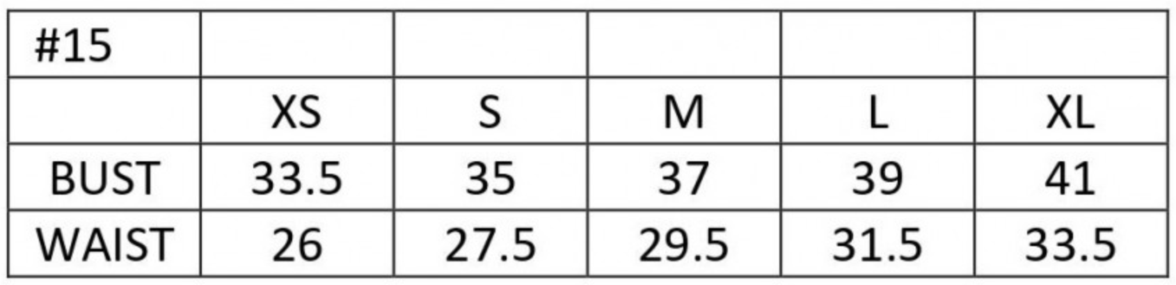 Size chart for dress #15 showing bust and waist measurements for XS to XL from 33.5 to 41 inches for bust, and 26 to 33.5 inches for waist.