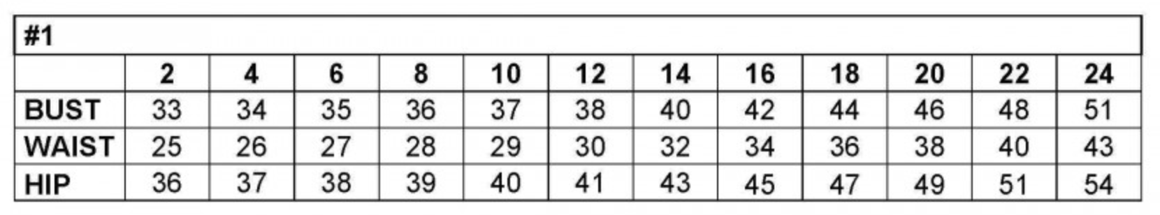 Size chart displaying bust, waist, and hip measurements for dress sizes 2 to 24.