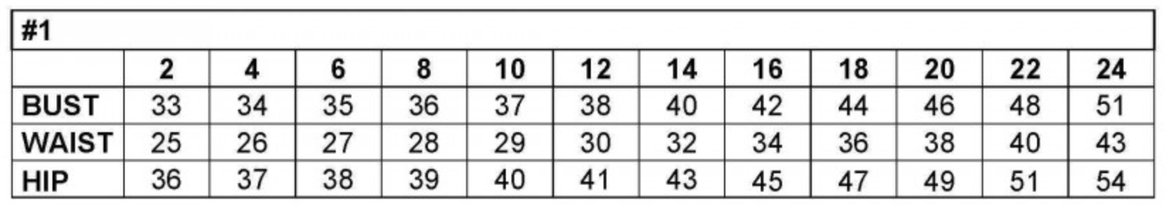 Size chart showing measurements in inches for bust, waist, and hip from sizes 2 to 24.