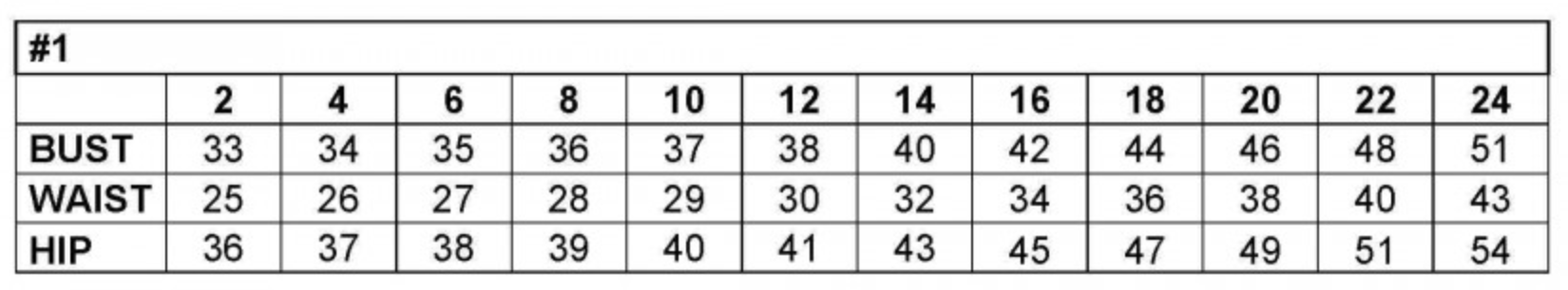 Size chart for dress with bust, waist, and hip measurements from size 2 to 24.