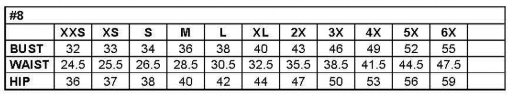 Size chart showing bust, waist, and hip measurements for XXS to 6X sizes.