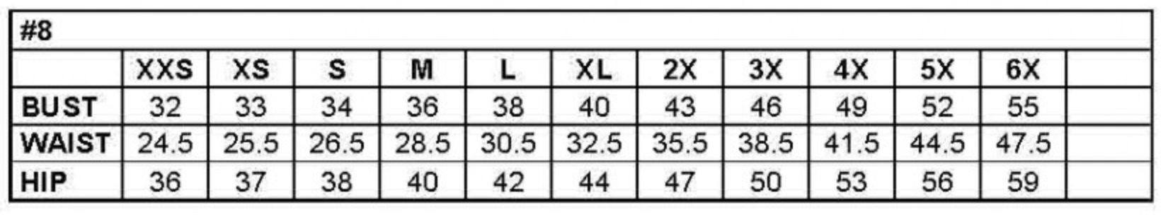 Dress size chart showing measurements for bust, waist, and hip across sizes XXS to 6X.