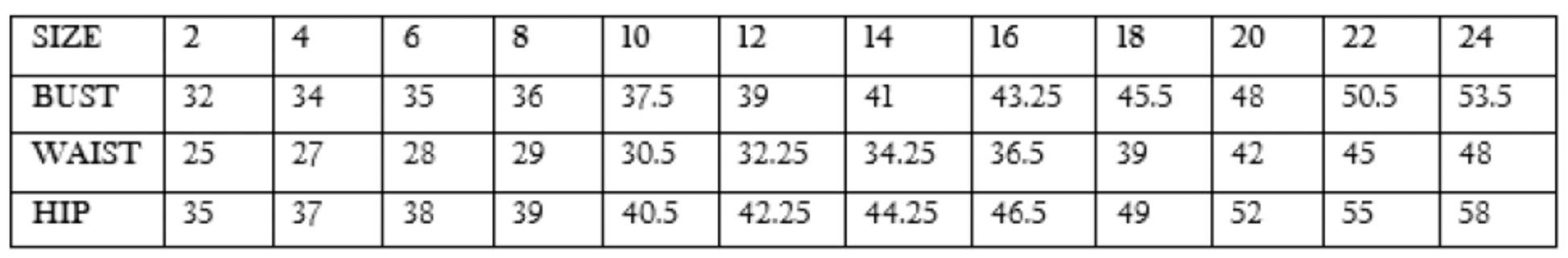 Size chart displaying measurements for sizes 2 to 24, including bust, waist, and hip in inches.