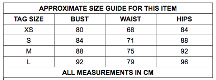 Size guide table showing measurements in cm for bust, waist, and hips for sizes XS, S, M, and L.