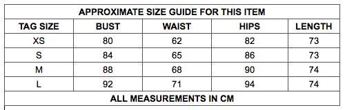 Size guide chart in cm for XS to L, detailing bust, waist, hips, and length measurements for Honey Couture clothing item.