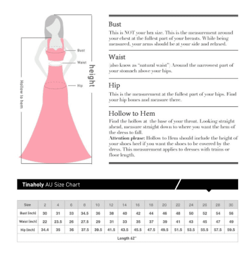 Tinaholy Couture size guide with bust, waist, hip measurements and hollow to hem instructions, featuring a diagram of a gown silhouette.