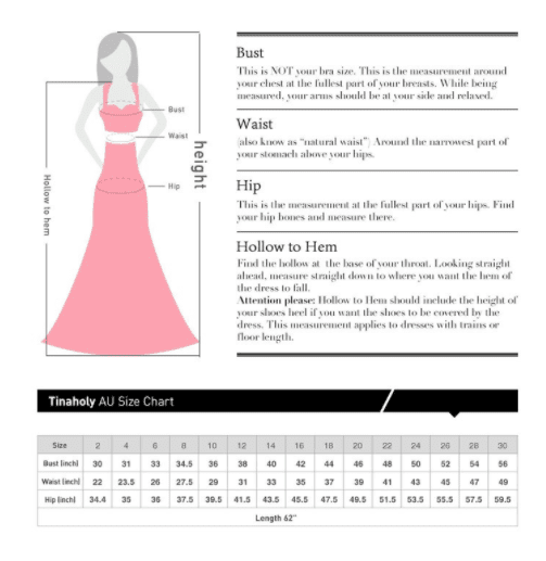 Tina Holly Couture size chart for fitting, showing measurements like bust, waist, hip, and hollow to hem for accurate gown selection.