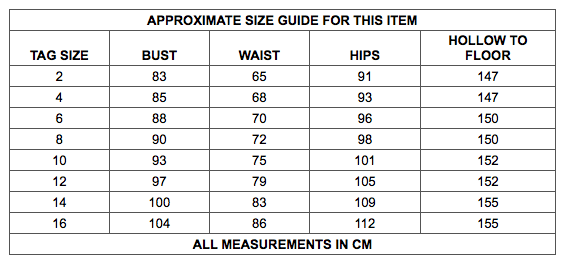 Size guide chart for dress with bust, waist, hips, and hollow to floor measurements in cm, ranging from tag size 2 to 16.