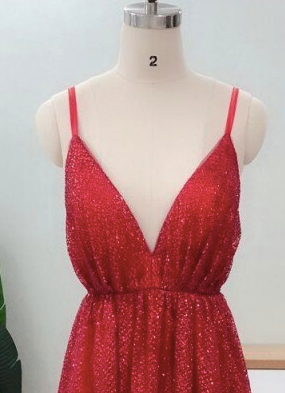 Red sequin evening gown on mannequin showcasing adjustable straps and V-neck design by Australian Designer Honey Couture.